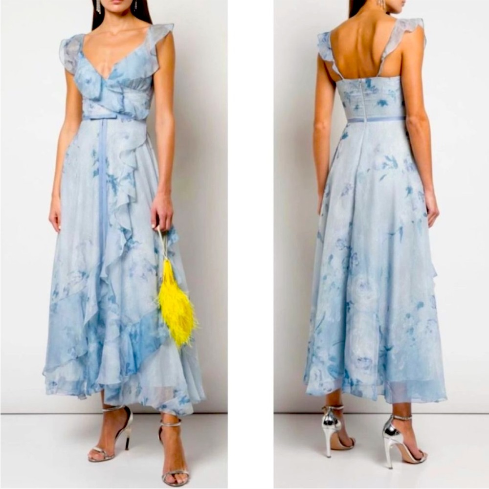 Marchesa Chiffon Lace Ruffle Tea Length Dress 6